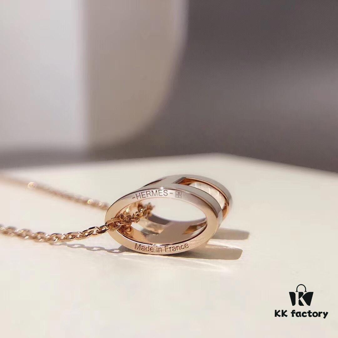 Hermes Pop H Enamel Necklace in Rose Gold with Milk Tea Gray