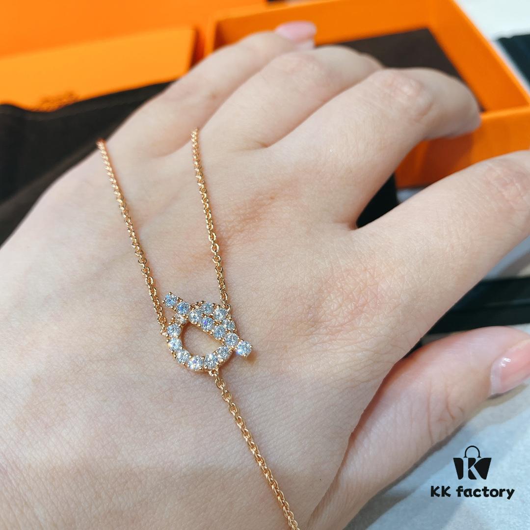 Hermes Finesse Rose Gold Diamond Y Necklace and Bracelet, Mini Hollow-out Circle with Bar Design, Exquisite Craftsmanship, CNC Precision Carved, Imported Silicon Titanium Diamonds, Hand-Set Stones, Jewelry-Grade Finish