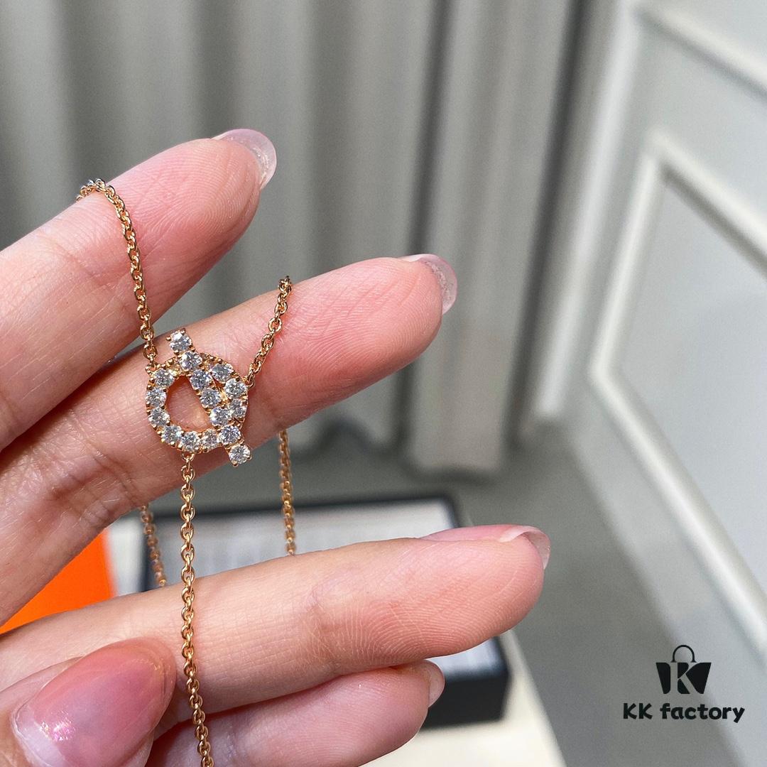Hermes Finesse Rose Gold Diamond Y Necklace and Bracelet, Mini Hollow-out Circle with Bar Design, Exquisite Craftsmanship, CNC Precision Carved, Imported Silicon Titanium Diamonds, Hand-Set Stones, Jewelry-Grade Finish
