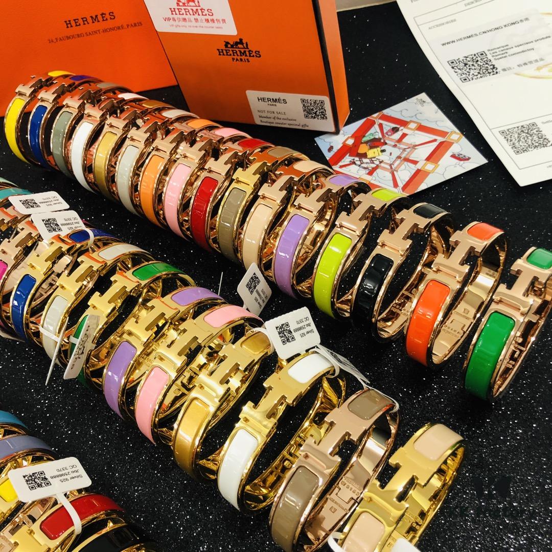 Hermès High-Replica Enamel 'Clic H' Bracelet in Rose Gold – Complete Set with Stickers, Tags, and Receipts – Classic Couple's Design, Sizes 17 & 19