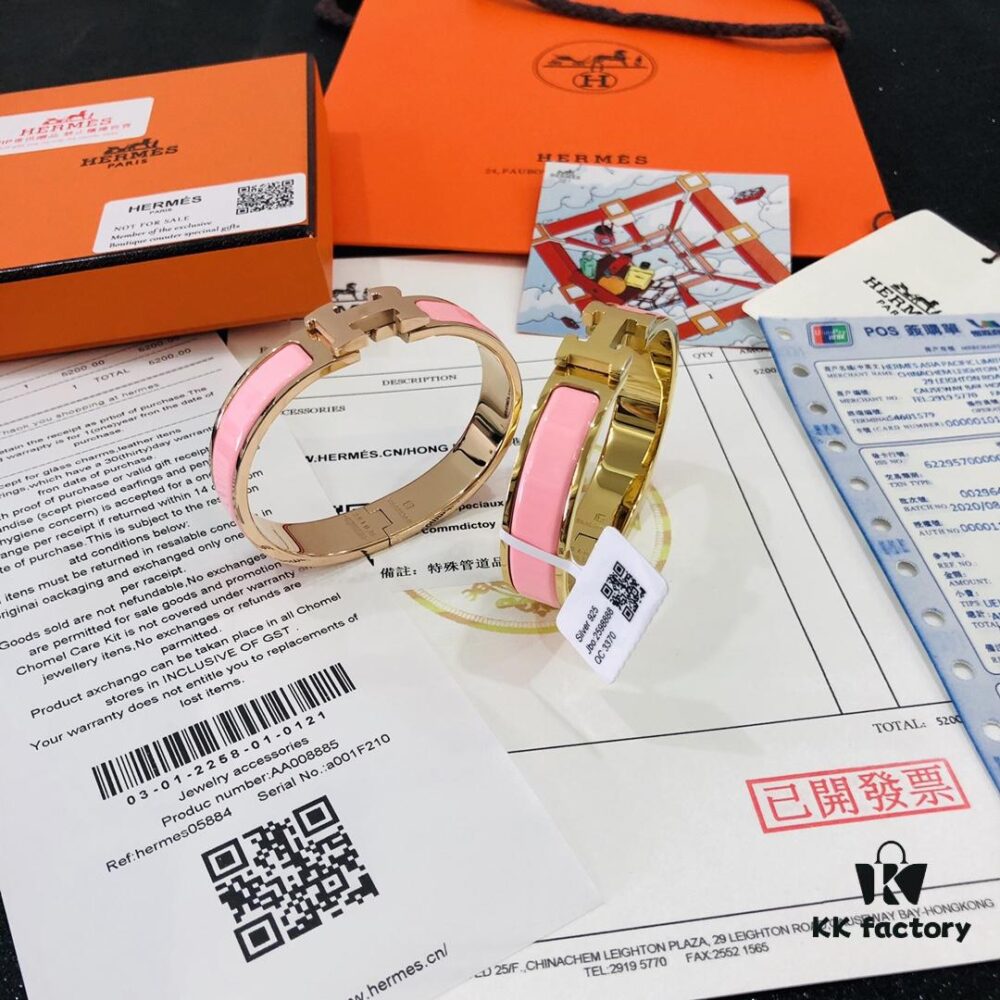 Hermes High-Replica Enamel H Bangle Bracelet in Rose Gold – Complete Set with Stickers, Tags, and Receipts – Available in Sizes 17 and 19 for Couples