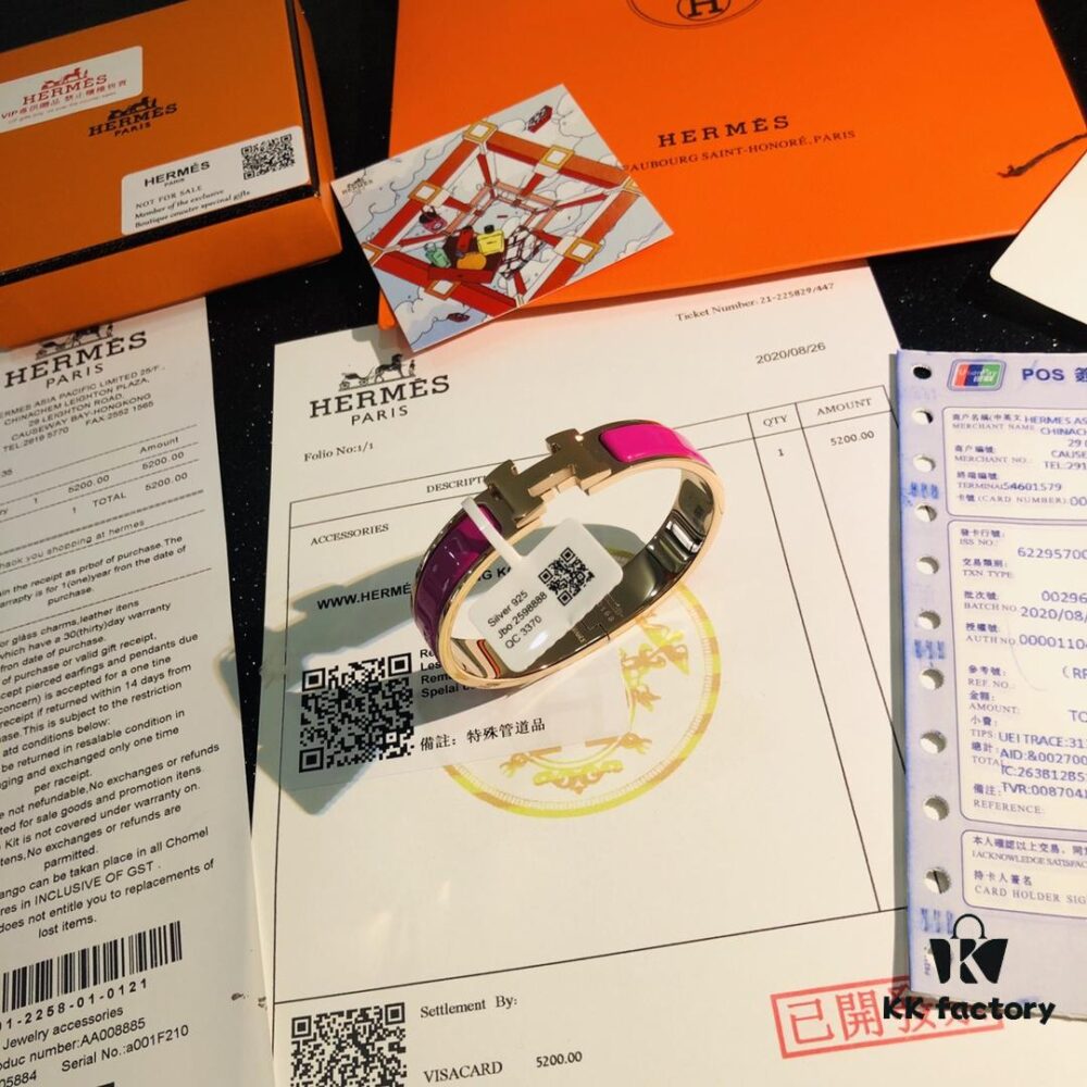 Hermes High-Replica Enamel H Bangle Bracelet in Rose Gold – Full Set with Stickers, Tags, and Receipts – Classic Couple's Design