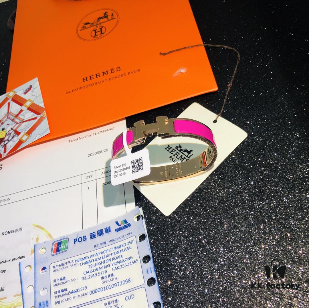 Hermes High-Replica Enamel H Bangle Bracelet in Rose Gold – Full Set with Stickers, Tags, and Receipts – Classic Couple's Design