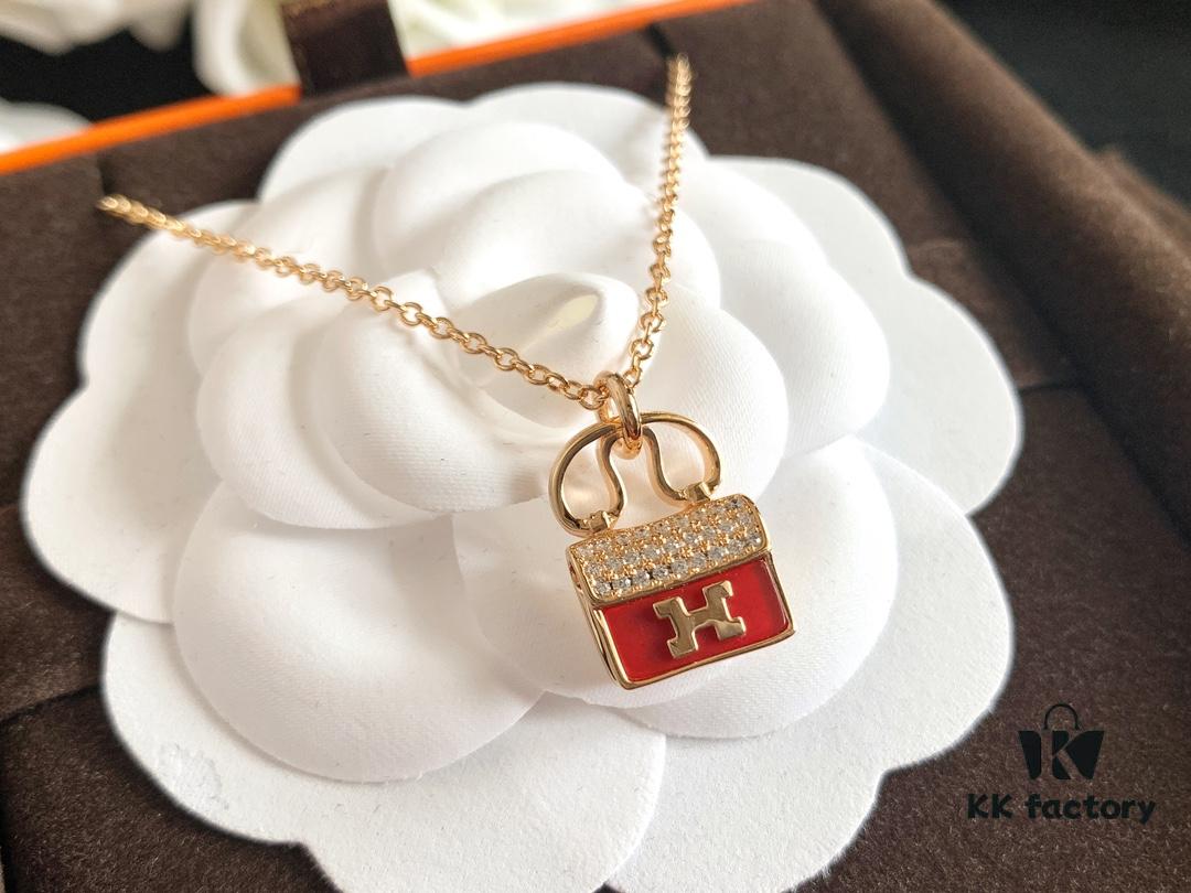 Hermes HERMES Bag Red Agate White Mother-of-Pearl Necklace