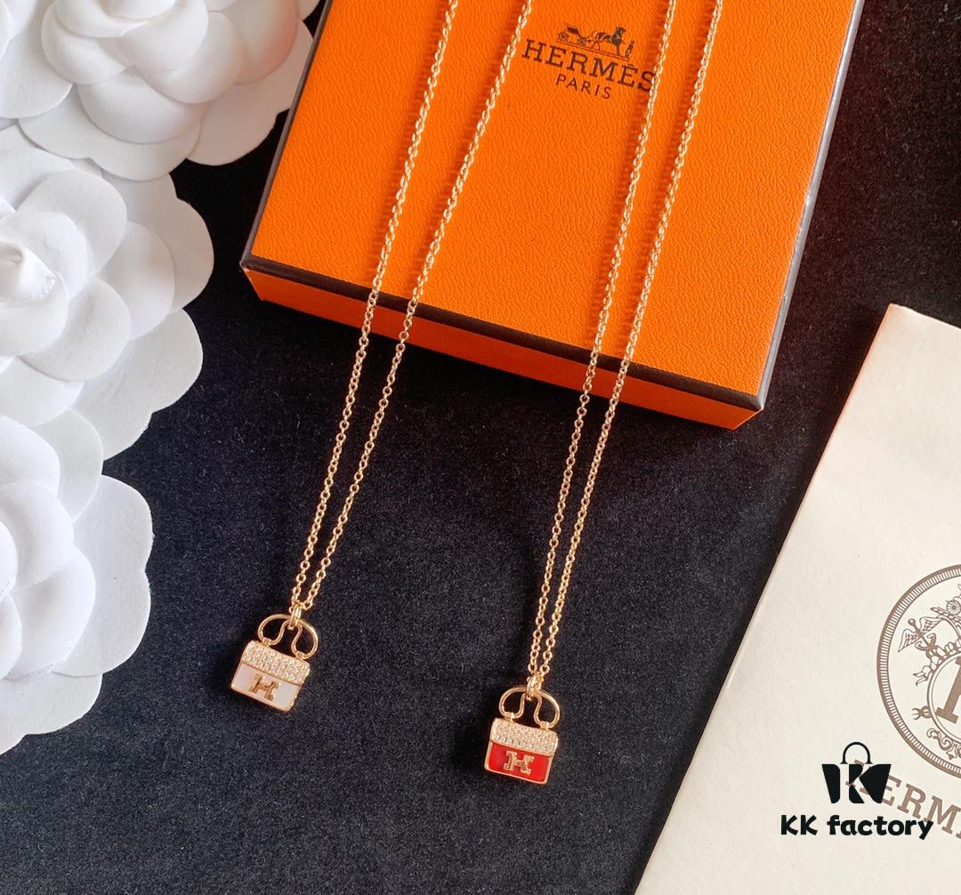 Hermes HERMES Bag Red Agate White Mother-of-Pearl Necklace