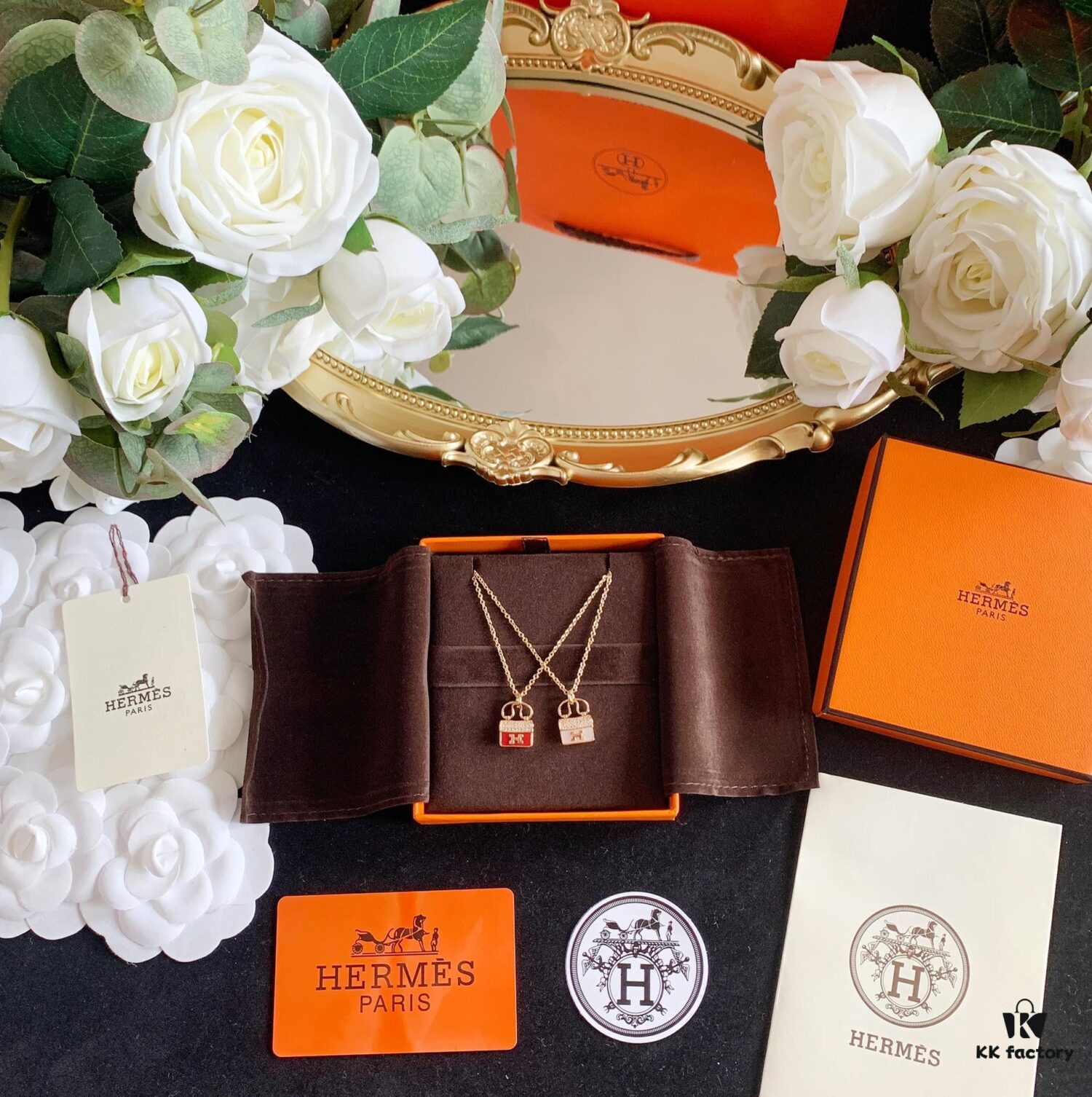 Hermes HERMES Bag Red Agate White Mother-of-Pearl Necklace