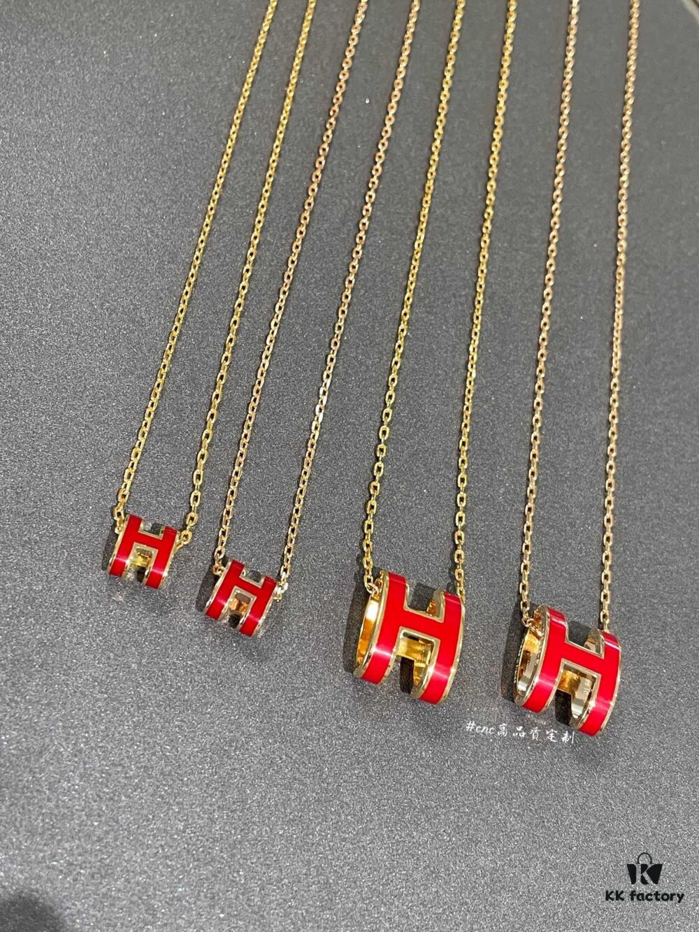 Hermès Red Enamel H Necklace and Stud Earrings