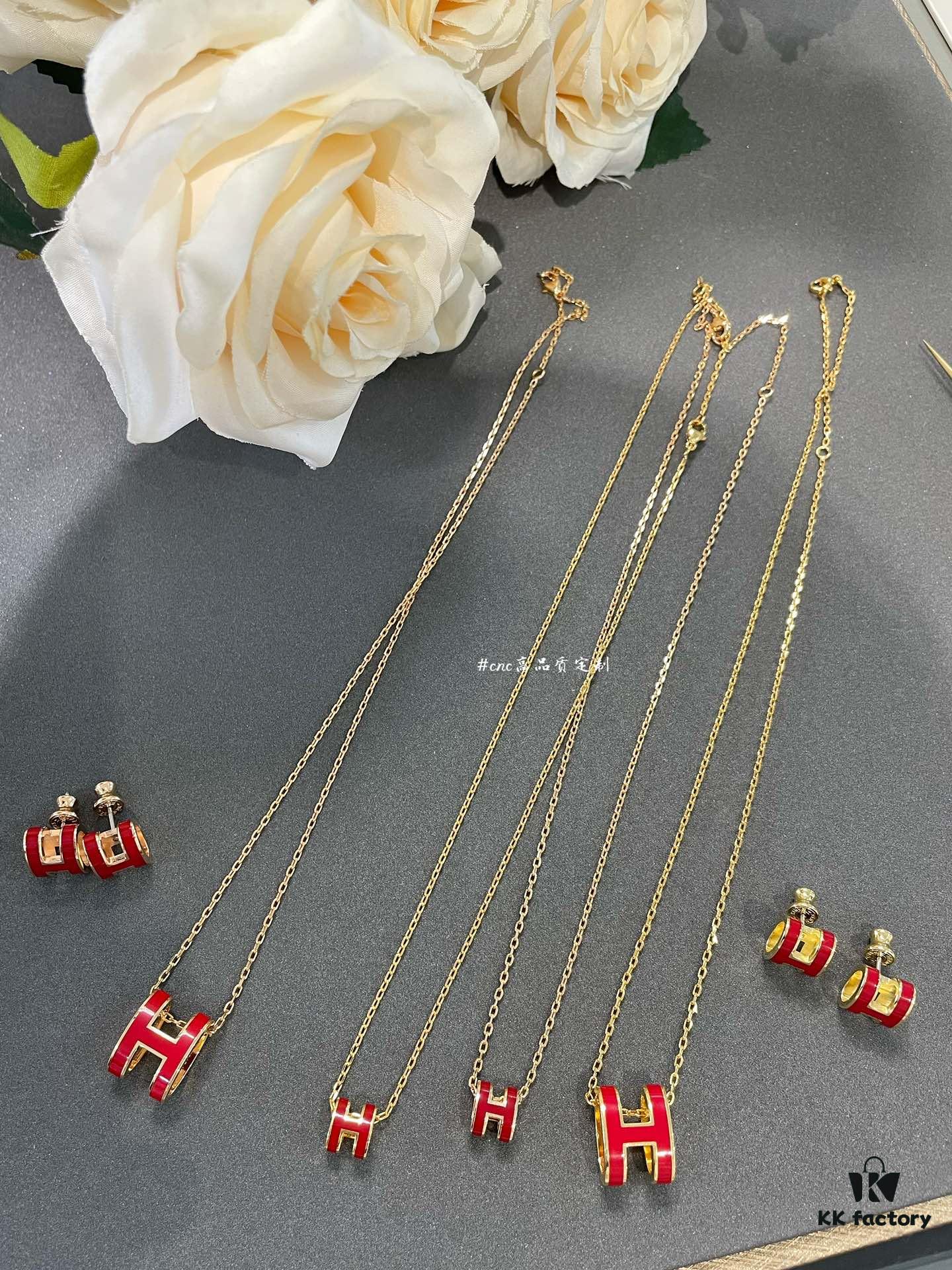 Hermès Red Enamel H Necklace and Stud Earrings