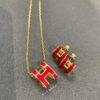 Hermès Red Enamel H Necklace and Stud Earrings