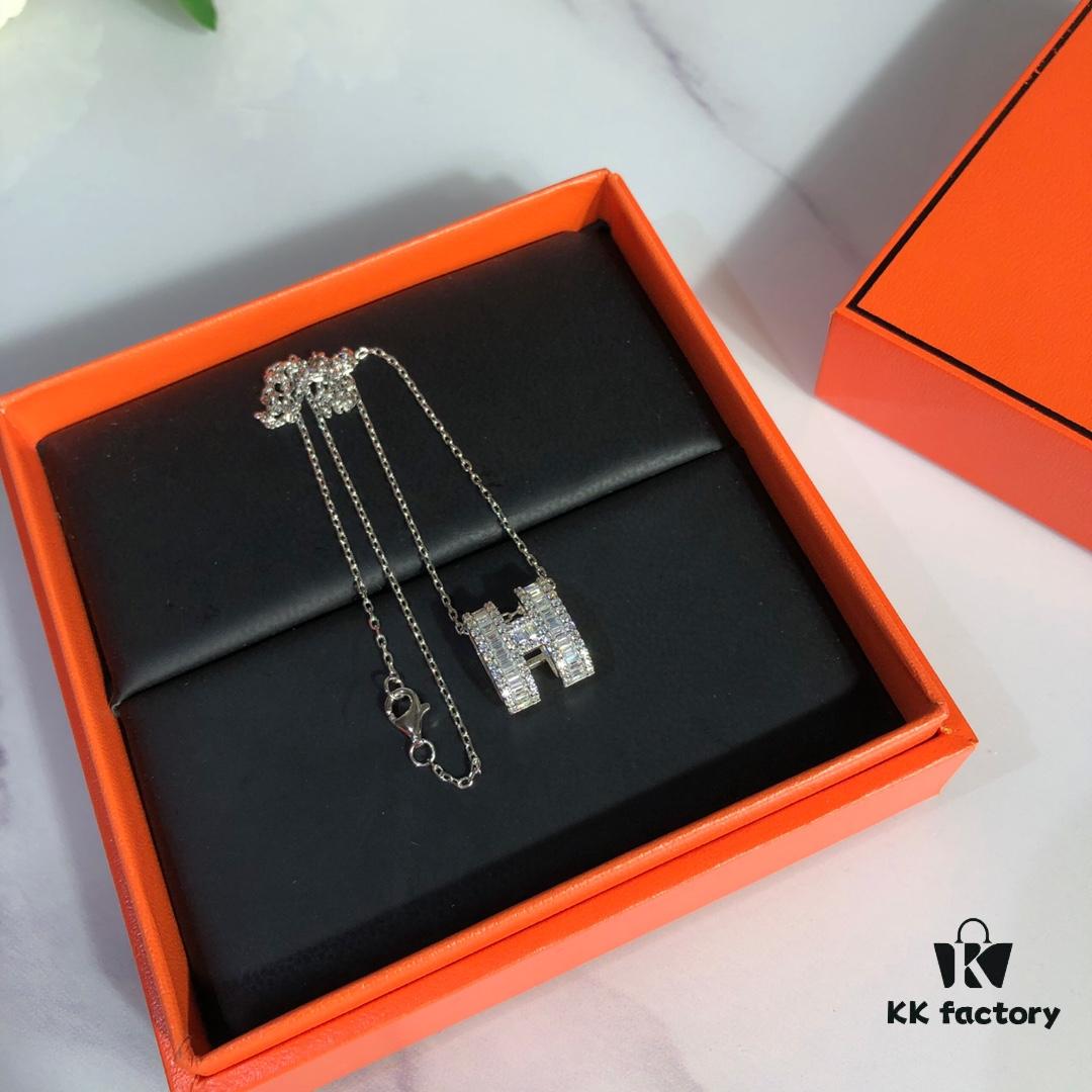 New Advanced Precision Edition Hermes Popular H Logo Full Diamond Necklace, High-Carbon Diamonds, 925 Sterling Silver Gold Plated with K-Gold Texture