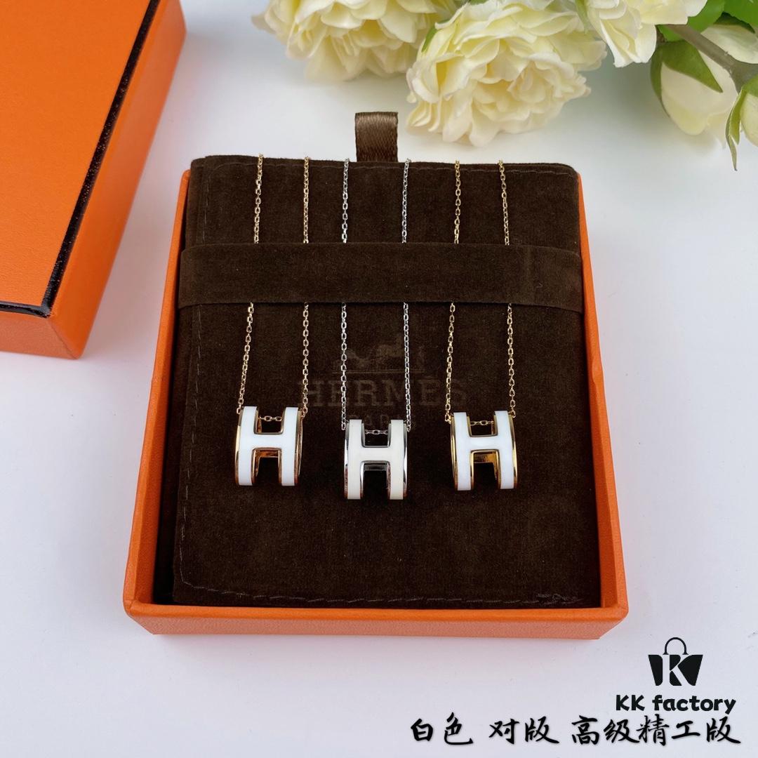 Authentic 925 Sterling Silver Hermès HERMES Classic Series Lucky H Enamel Necklace and Earrings Set