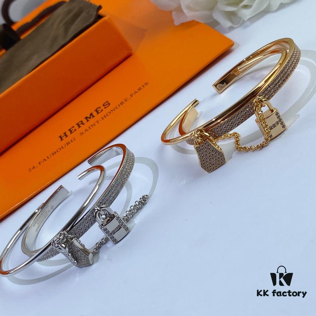 V Gold Material Thickened Version, Rose Gold and White Gold Color, Premium Craftsmanship Edition, Hermes Two-in-One Lock Bracelet, High-Carbon Diamonds, 1:1 Super Precision
