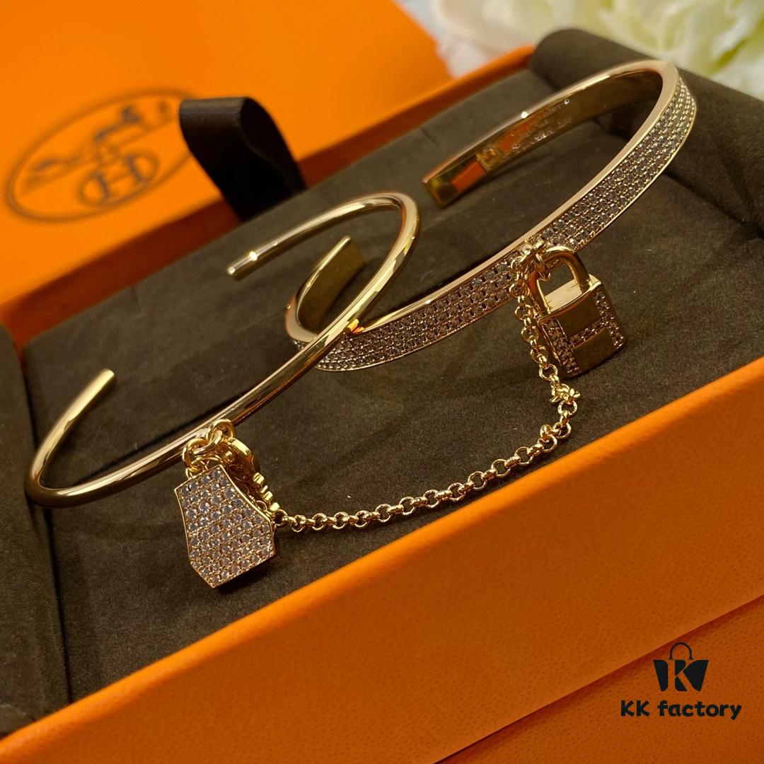V Gold Material Thickened Version, Rose Gold and White Gold Color, Premium Craftsmanship Edition, Hermes Two-in-One Lock Bracelet, High-Carbon Diamonds, 1:1 Super Precision