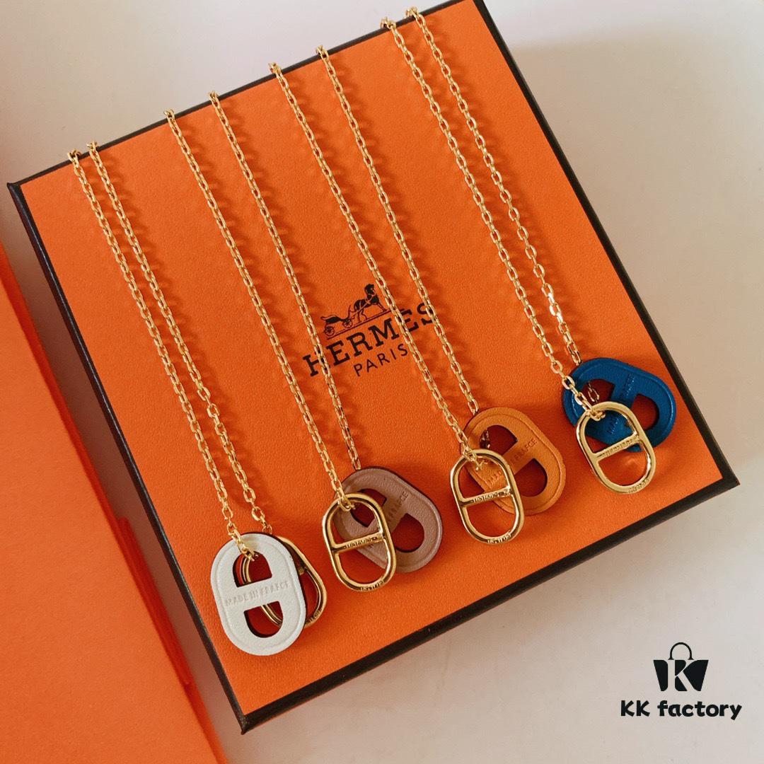 Hermes Calfskin Pig-Nose Double Ring Necklace / Earrings