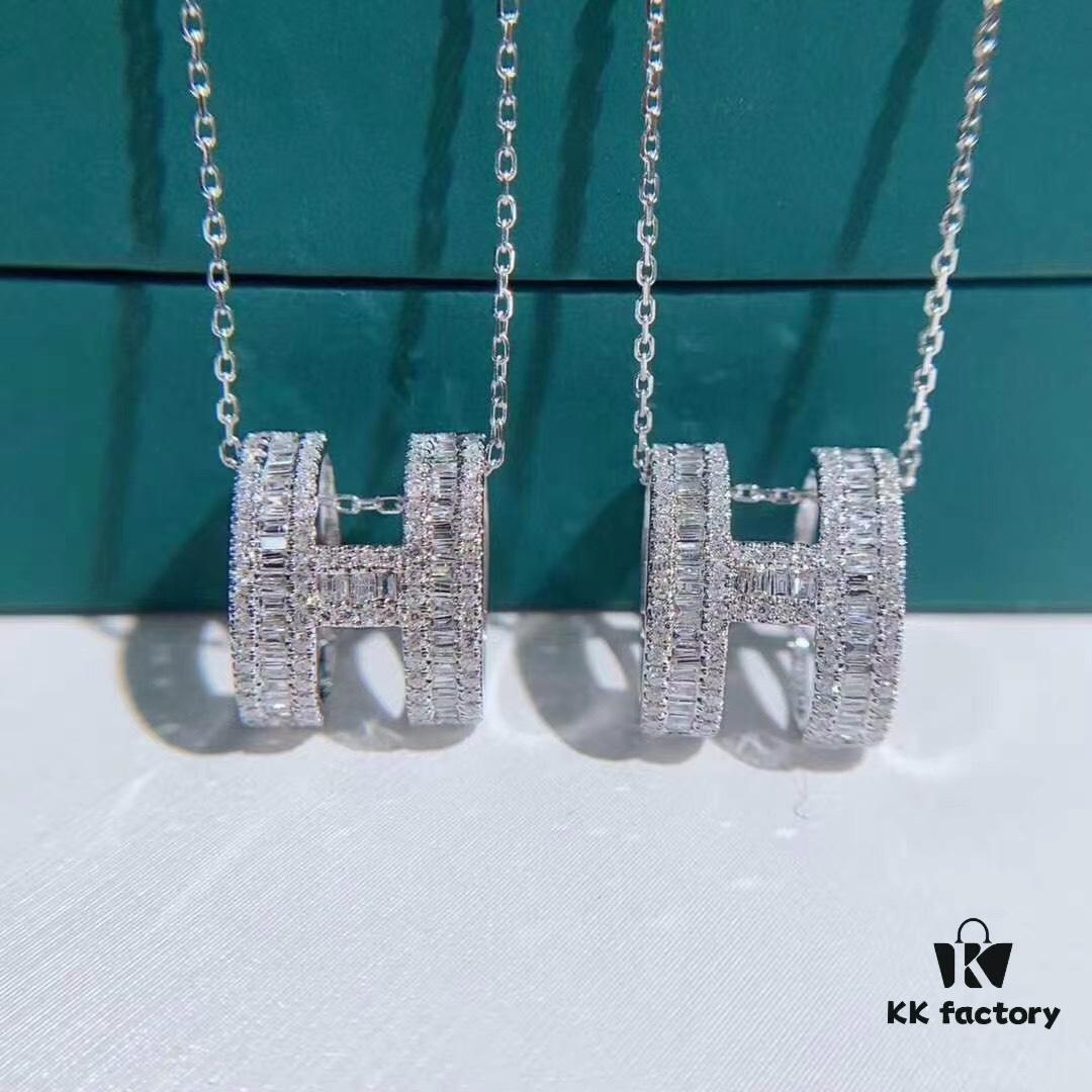 Top-tier Hermes-inspired Diamond-Paved 'H' Necklace, 925 Sterling Silver with Precision CNC Craftsmanship and Exquisite Stone Inlay