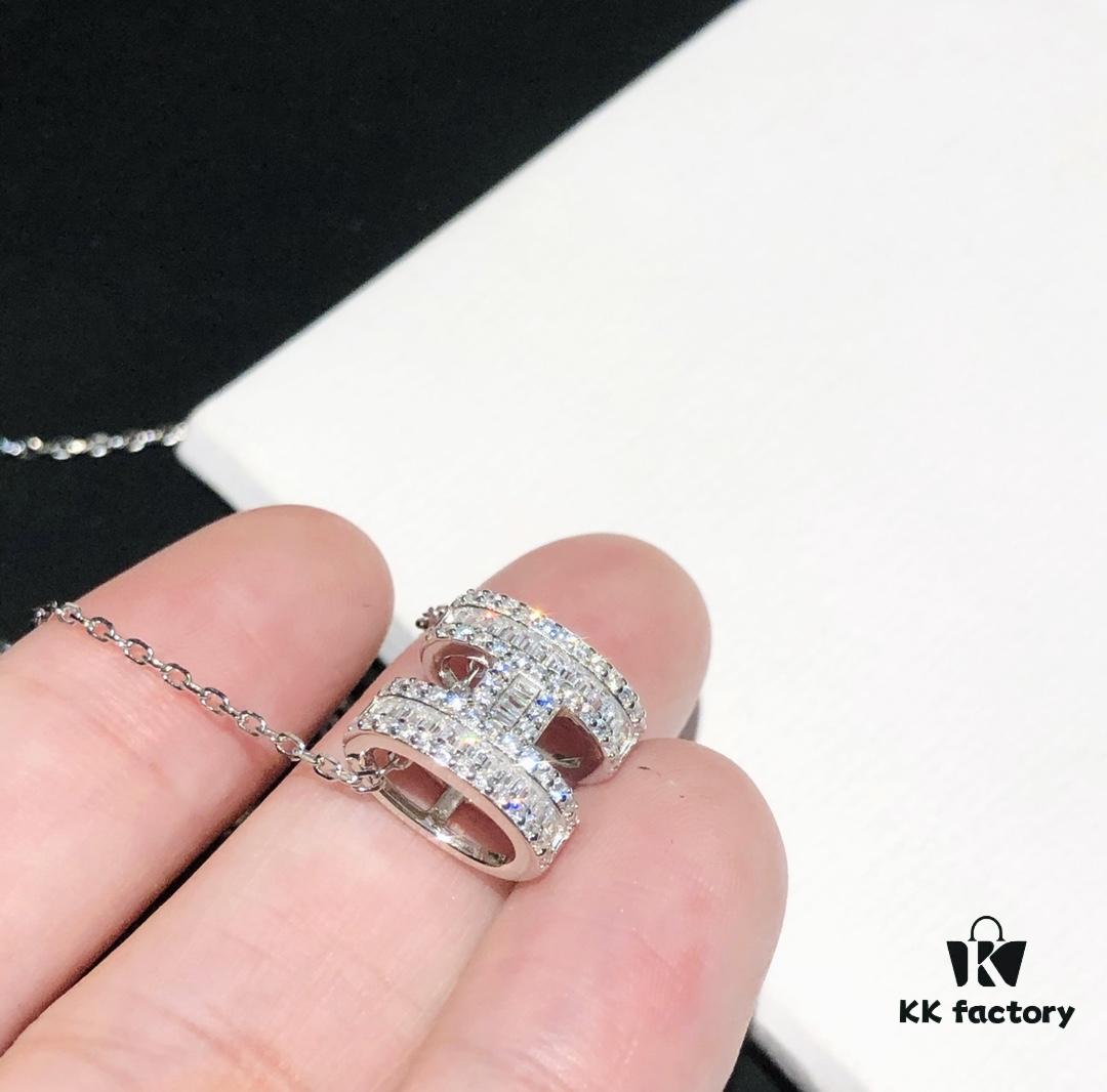 Top-tier Hermes-inspired Diamond-Paved 'H' Necklace, 925 Sterling Silver with Precision CNC Craftsmanship and Exquisite Stone Inlay