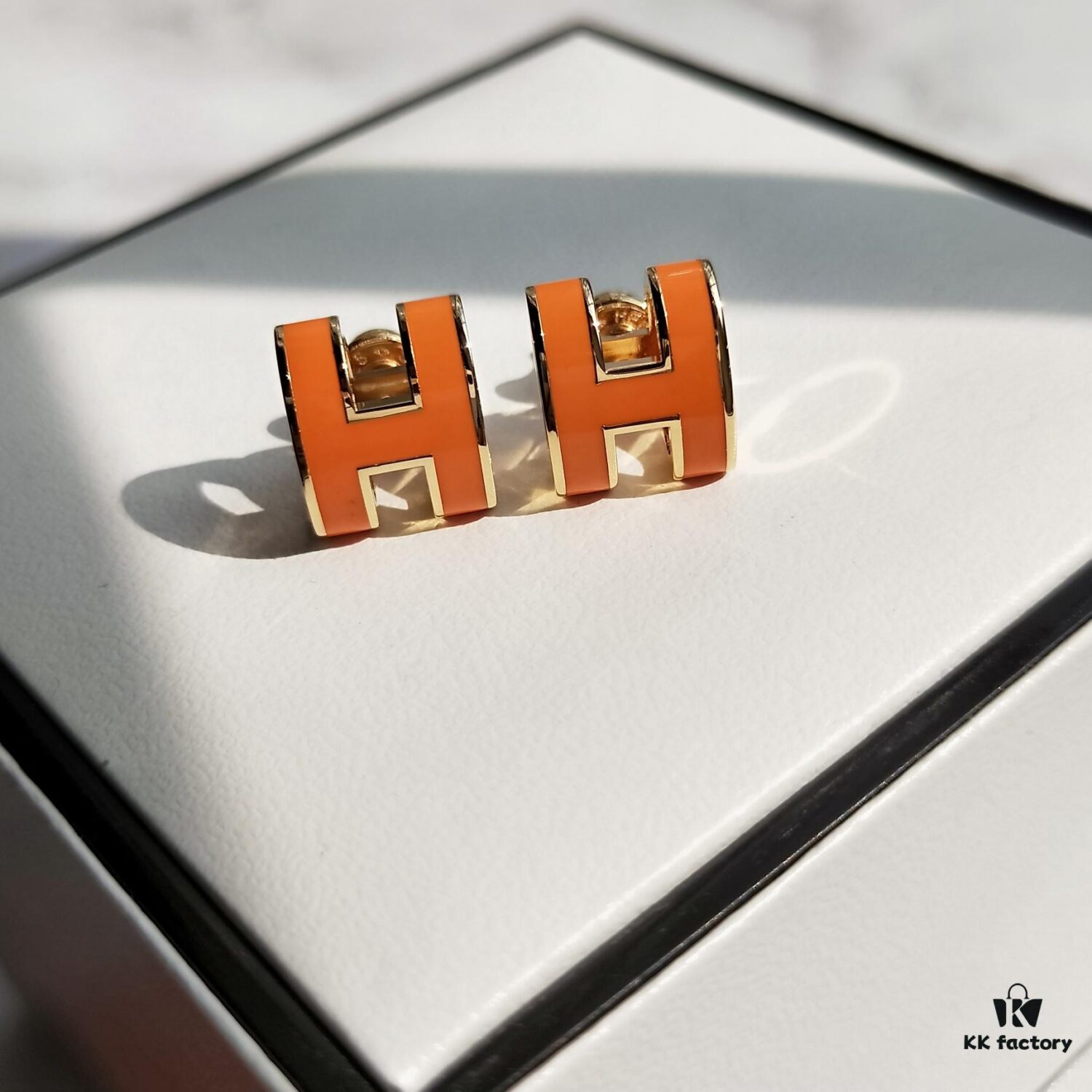 Hermes Pop Platinum-Edged H Enamel Stud Earrings with Authenticity Mark on Back – Latest Classic Enamel Design, Real Photo Details