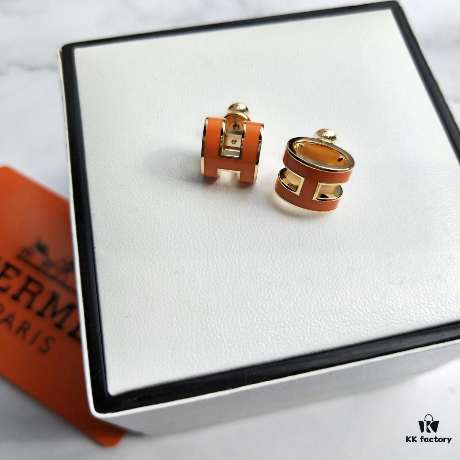 Hermes Pop Platinum-Edged H Enamel Stud Earrings with Authenticity Mark on Back – Latest Classic Enamel Design, Real Photo Details