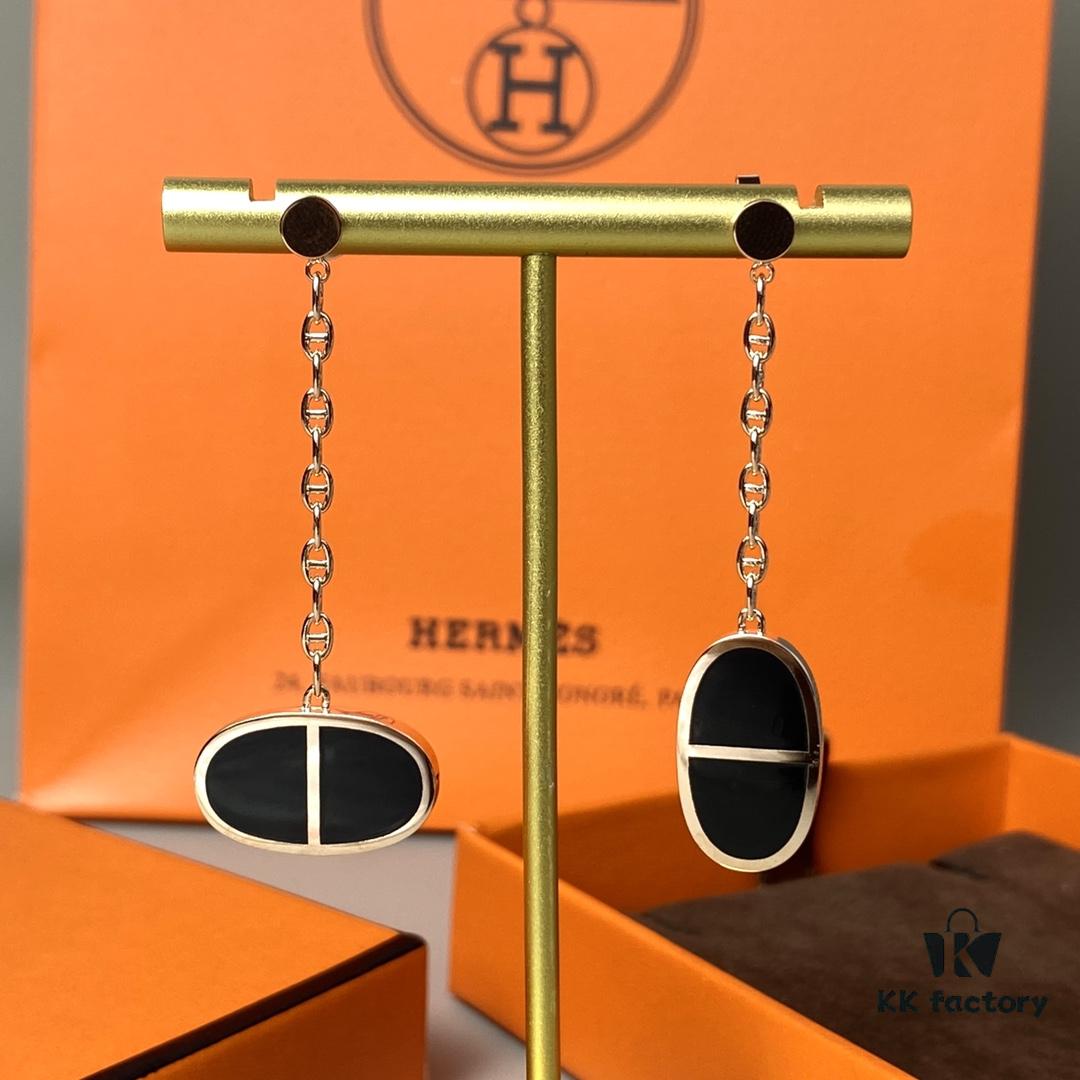 Hermes Chaine d'Ancre Verso Asymmetric Pig Nose Earrings in Yellow Gold, Rose Gold, and Black Ceramic