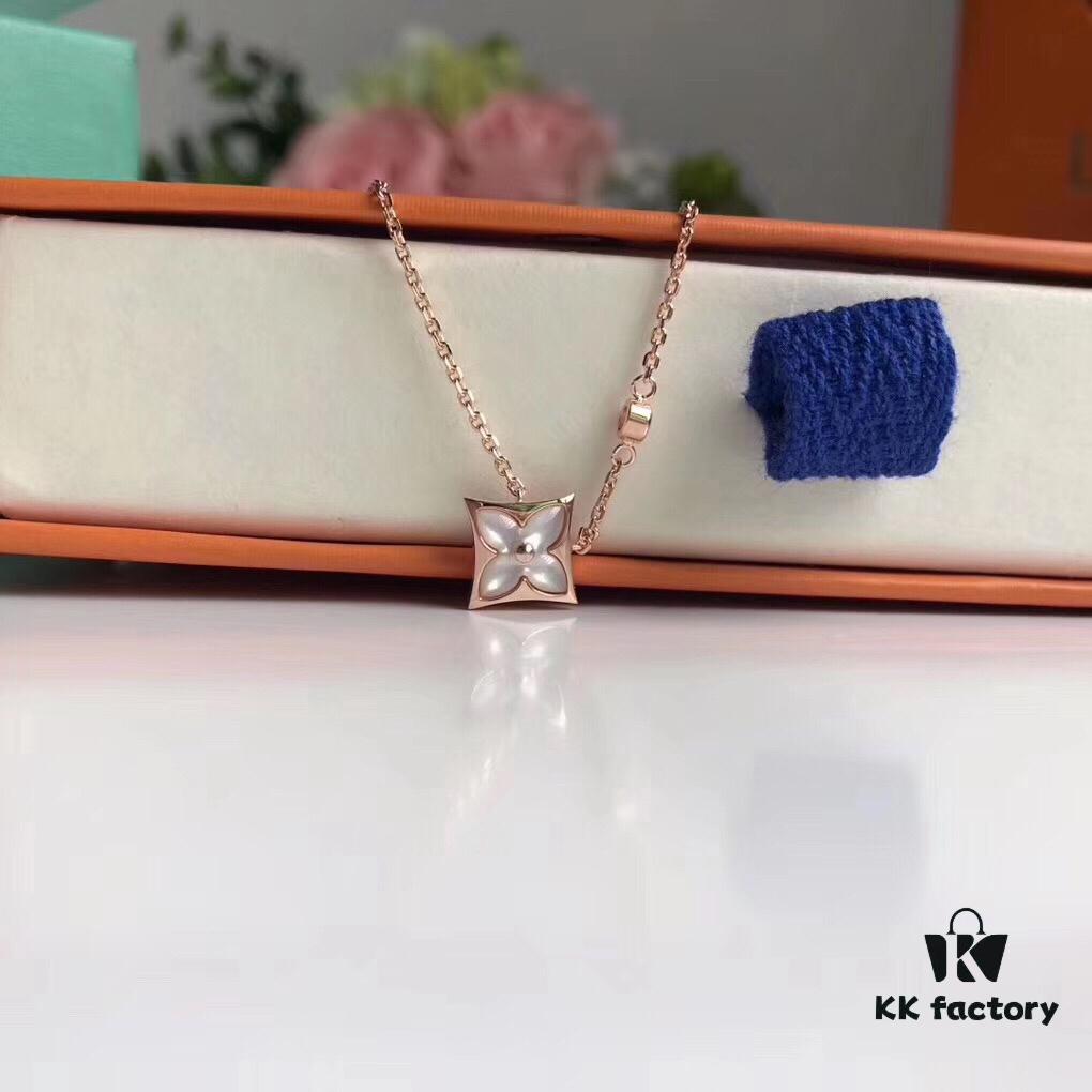 Sterling Silver 18K Gold Plated Rose Gold Pink Mother of Pearl Diamond Necklace Inspired by LV Diamond Flower Design