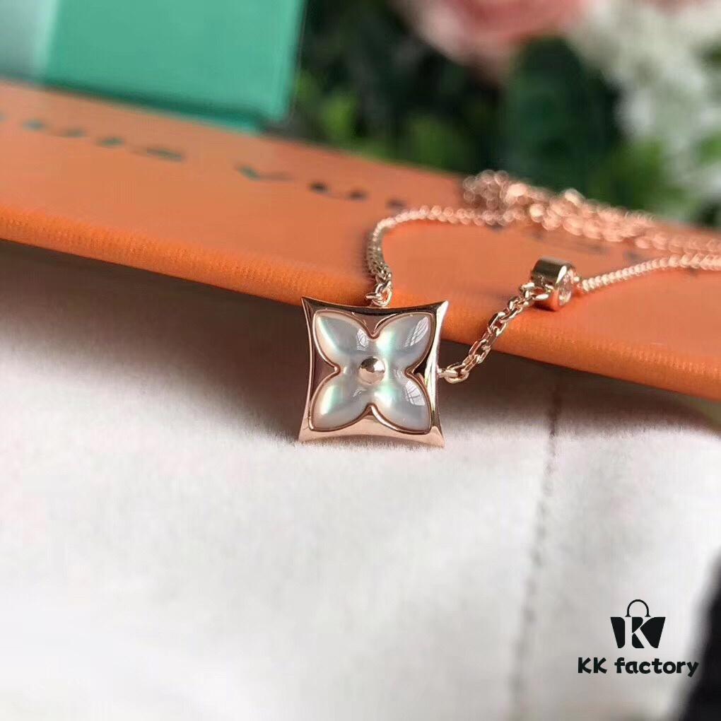 Sterling Silver 18K Gold Plated Rose Gold Pink Mother of Pearl Diamond Necklace Inspired by LV Diamond Flower Design