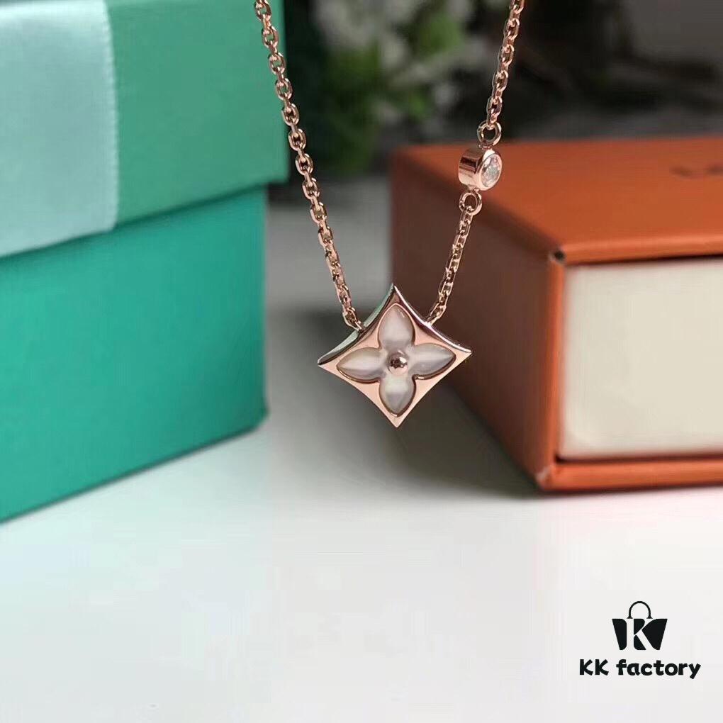 Sterling Silver 18K Gold Plated Rose Gold Pink Mother of Pearl Diamond Necklace Inspired by LV Diamond Flower Design