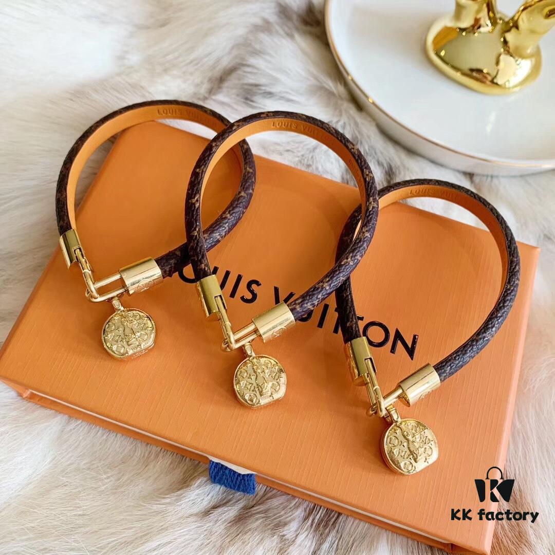 Louis Vuitton LV Monogram Double Leather Strap Bag Bracelet Wristband, Brass Hardware, Calfskin Lining, Vintage and Avant-garde Design, Must-have for Women