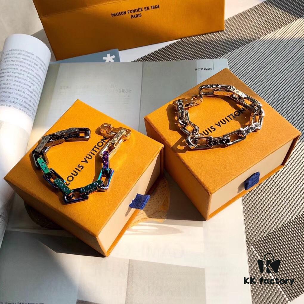 LV by Virgil Abloh Monogram Limited Edition Bracelet, Unisex Design, Stainless Steel with Colorful Chain Links and Engraved Logo Detail