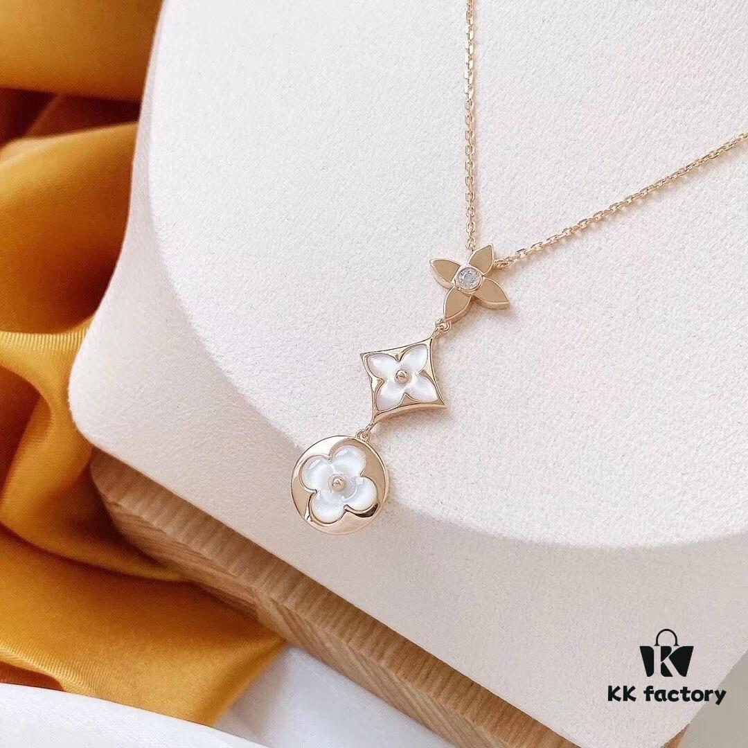 LV Three-Flower Four-Leaf Clover Necklace ✨ Sterling Silver with Thick Gold Plating, Upgraded Craftsmanship, Inlaid with Natural White Mother-of-Pearl, Transparent Jelly-Like Texture