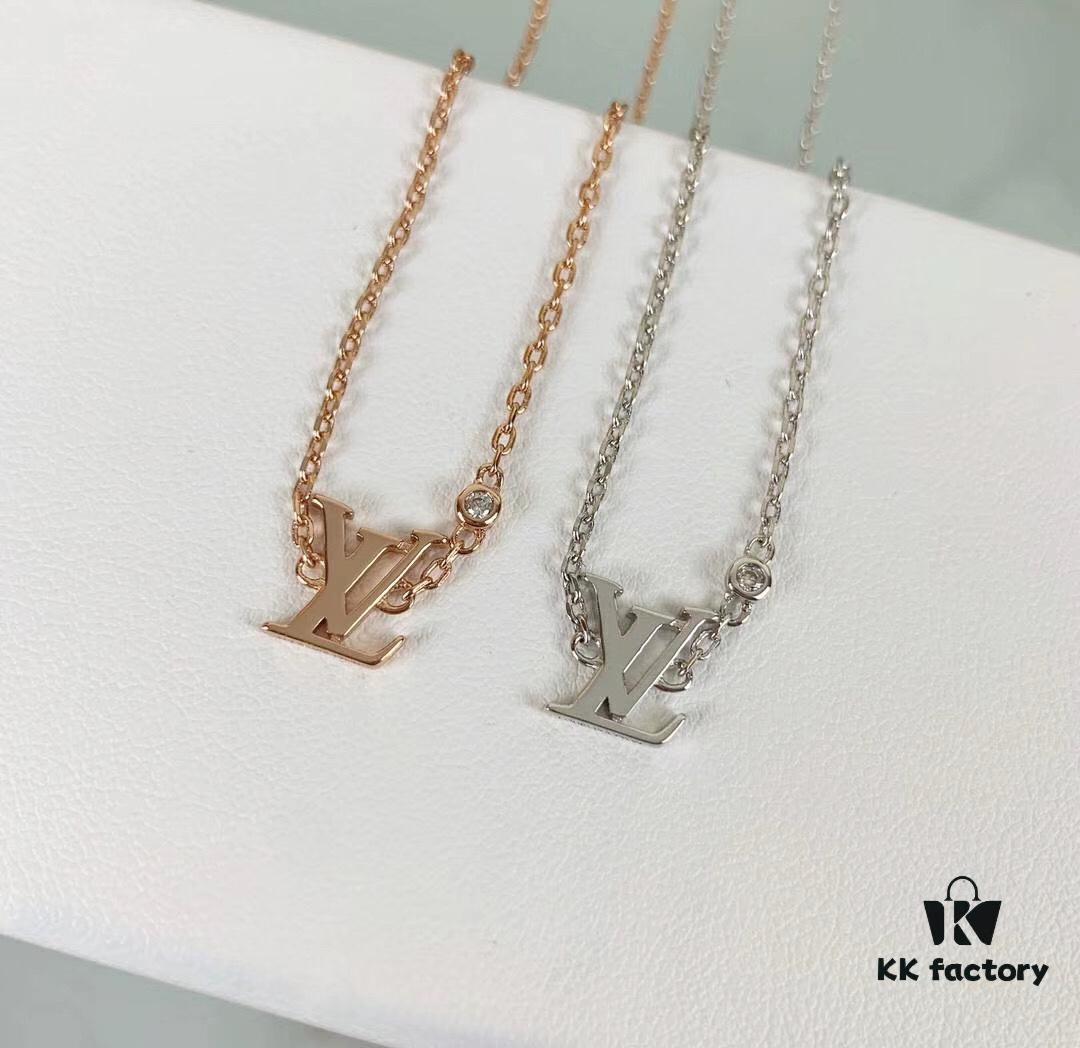 LV Letter Single Diamond Necklace in 18K Gold Plated Rose Gold and Silver