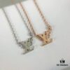 LV Letter Single Diamond Necklace in 18K Gold Plated Rose Gold and Silver