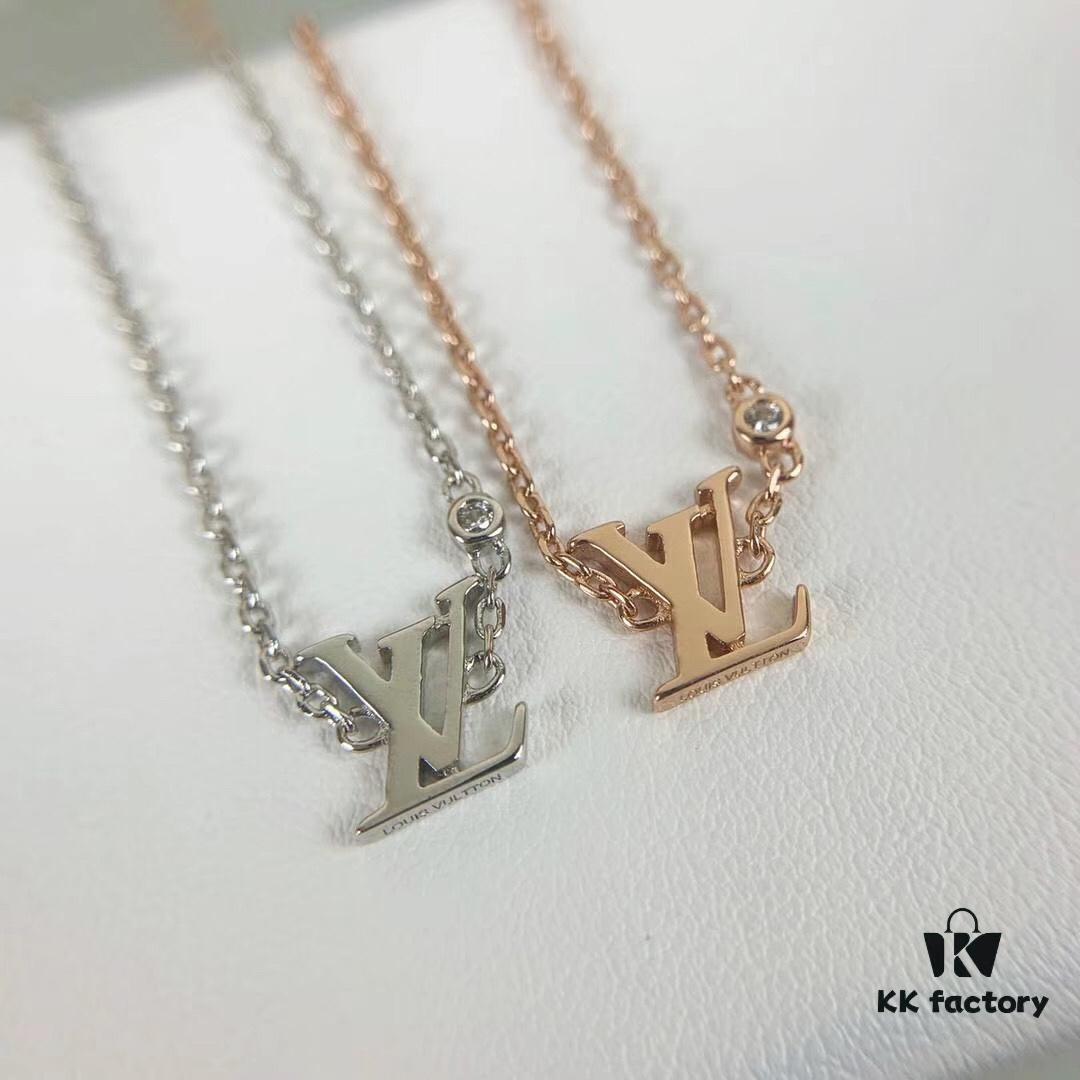 LV Letter Single Diamond Necklace in 18K Gold Plated Rose Gold and Silver