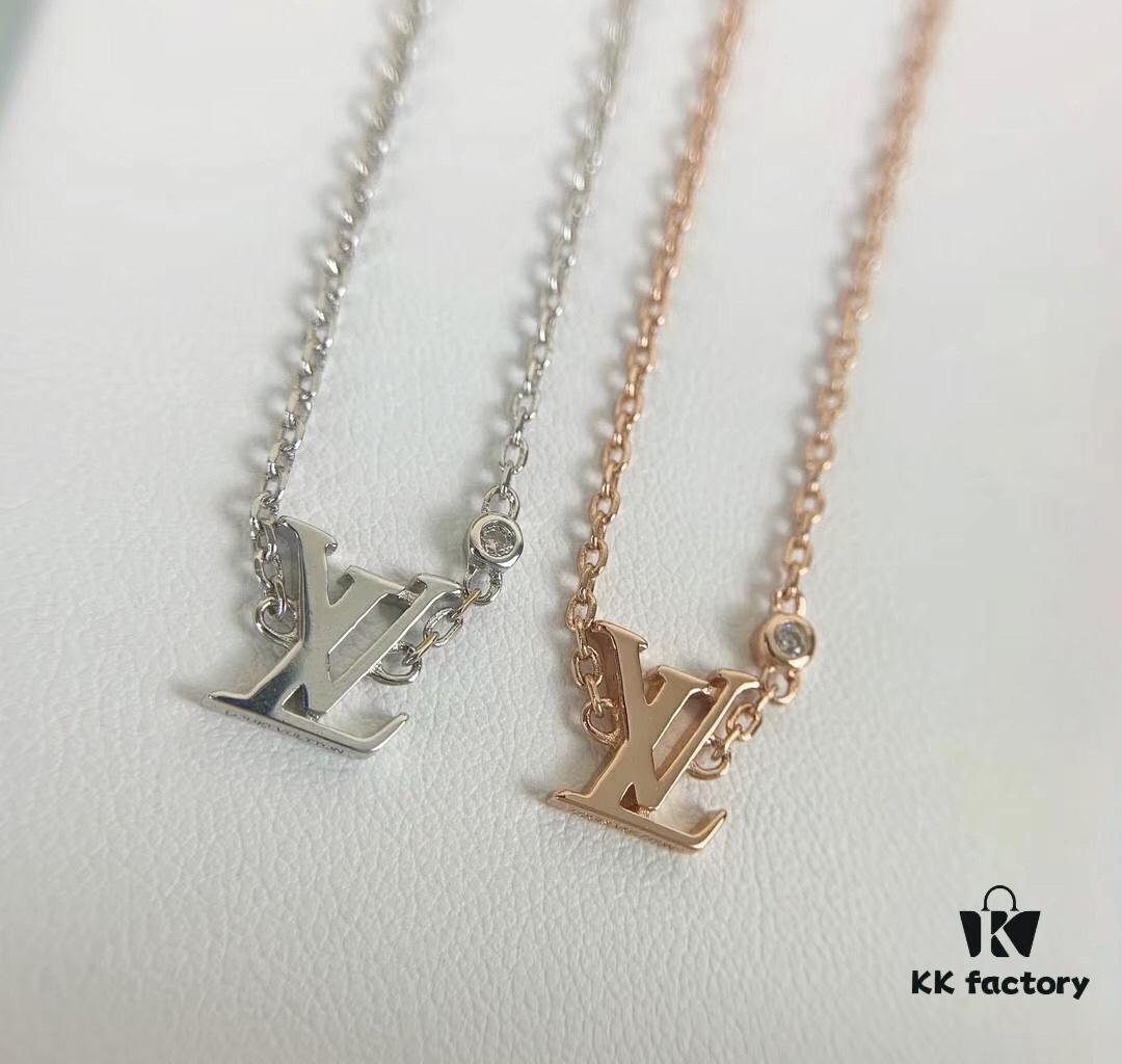 LV Letter Single Diamond Necklace in 18K Gold Plated Rose Gold and Silver