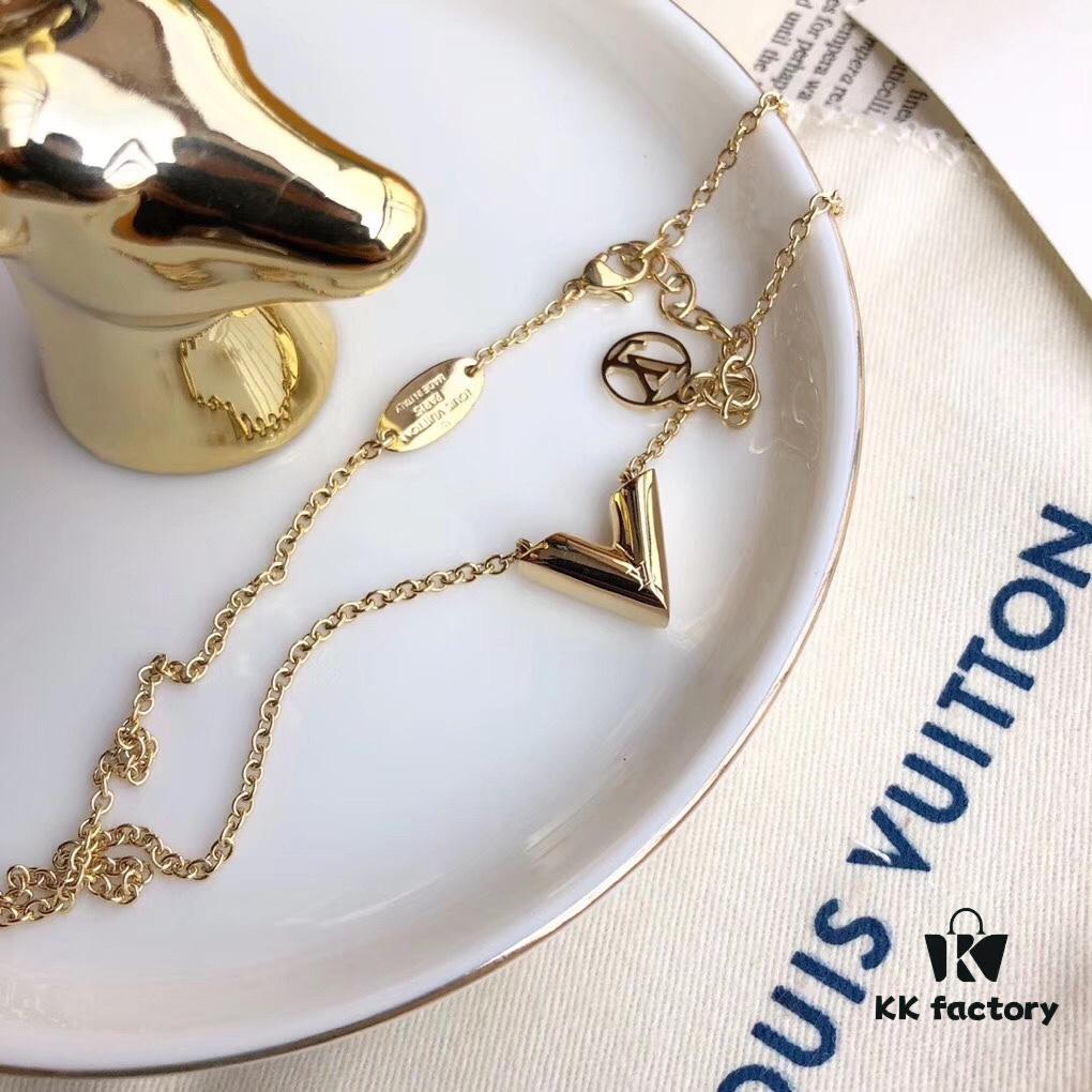 LV Letter Necklace, V-Shaped Polished Pendant in Alloy with 18K Gold Plating, Available in Gold, Silver, and Rose Gold