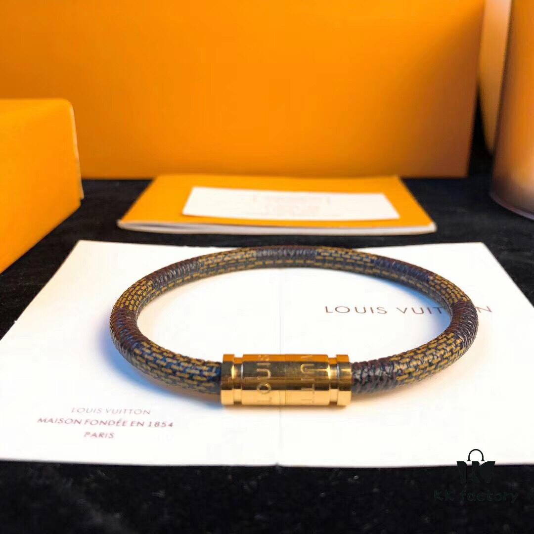 Louis Vuitton LV Monogram Leather Bracelet ● Authentic Replica, Best Quality on Market, Brass Hardware, Calfskin Lining, Unique Retro-Futuristic Design, Must-Have for Women