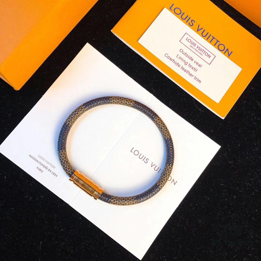 Louis Vuitton LV Monogram Leather Bracelet ● Authentic Replica, Best Quality on Market, Brass Hardware, Calfskin Lining, Unique Retro-Futuristic Design, Must-Have for Women