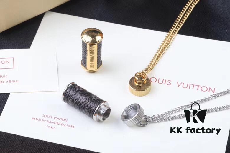 LV Perfume Bottle Necklace, Rotatable Design with Monogram Leather Accent, Unisex Fashion Pendant for Fragrance or Charms