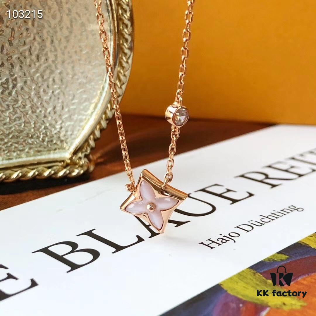 LV Pink Rhombus White Mother-of-Pearl Single Diamond Necklace