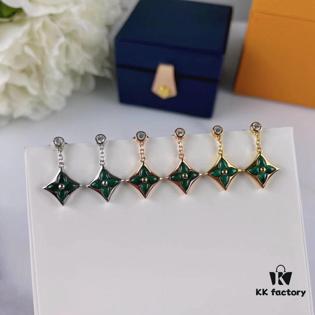 Sterling Silver 925 18K Gold Plated LV High-End Craftsmanship Natural Peacock Green Stud Earrings Color Blossom Earrings