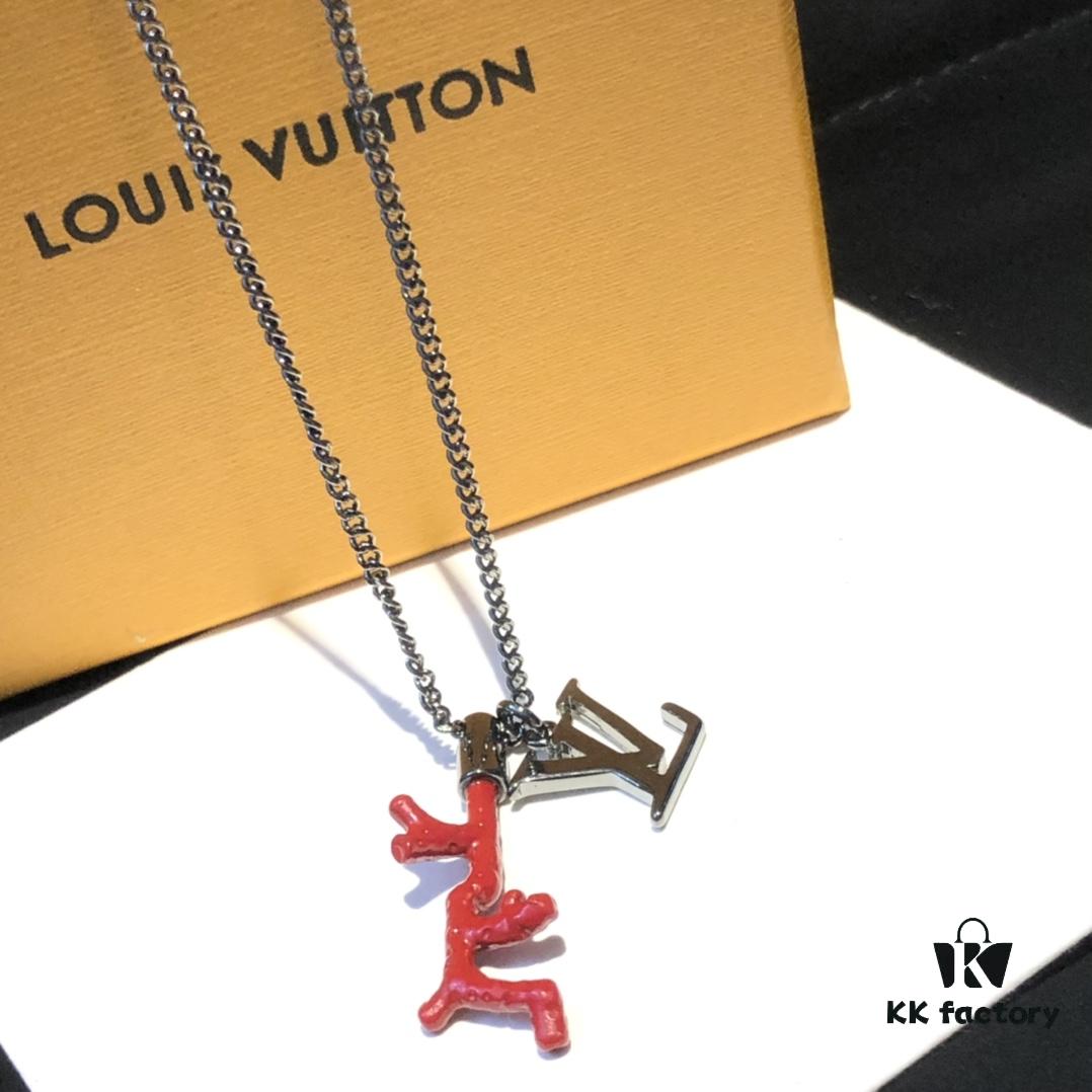 Louis Vuitton LV Pendant Necklace with Red Coral and Logo, Couples Style, One-to-One Craftsmanship