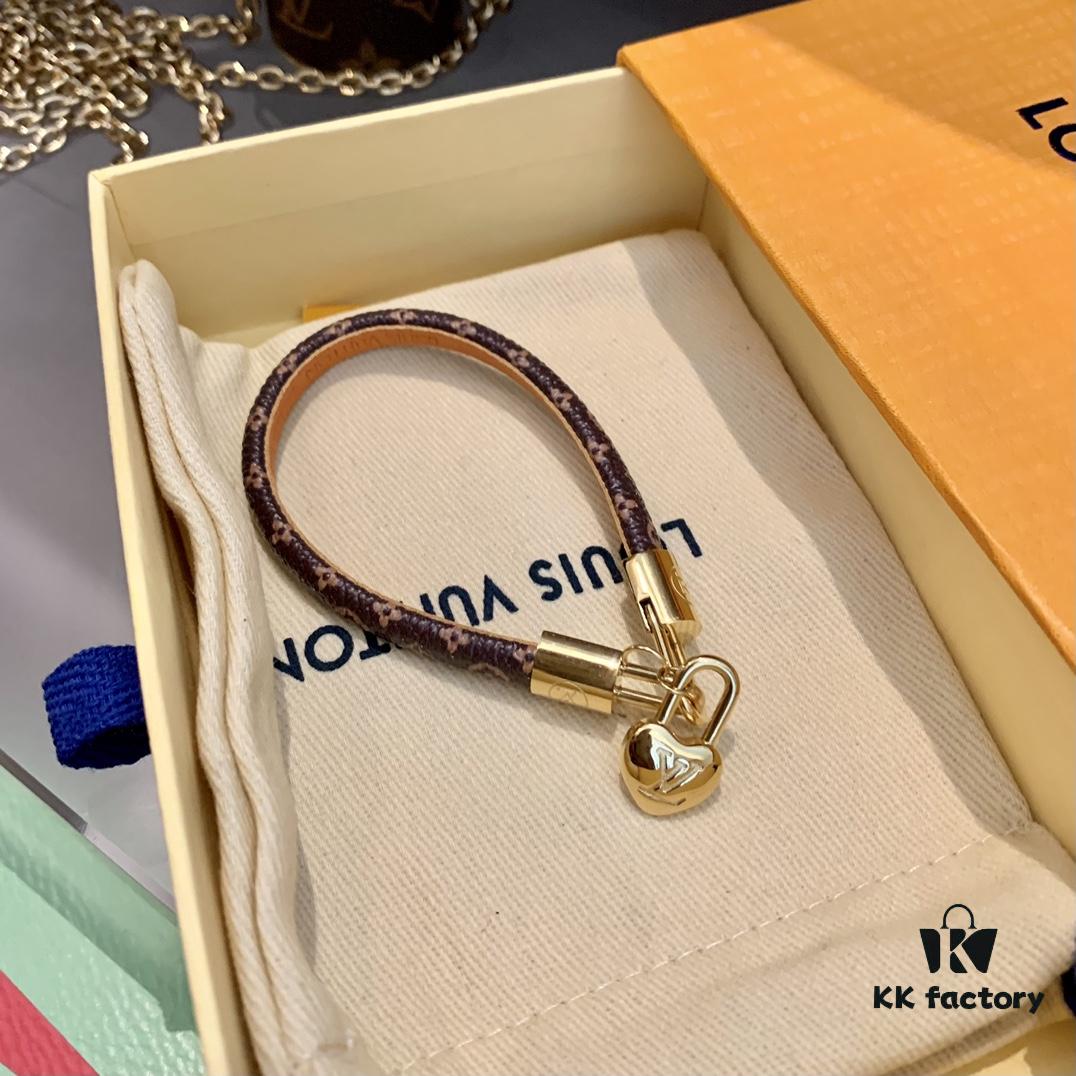 LV Leather Strap Bracelet with Heart Pendant