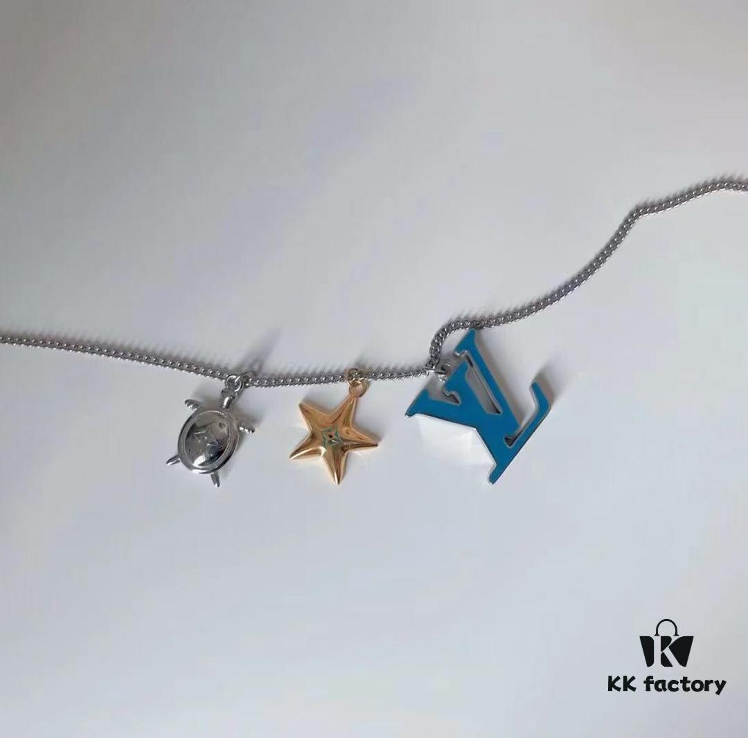 Original Order Level LV New Enamel Turtle Necklace, Authentic Logo LV Necklace for Men, Multi-Pendant Blue LV Letter Necklace 8755095