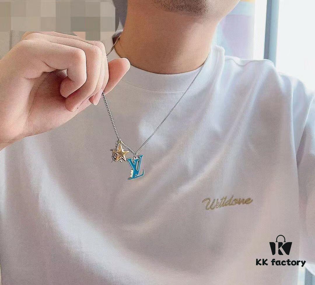 Original Order Level LV New Enamel Turtle Necklace, Authentic Logo LV Necklace for Men, Multi-Pendant Blue LV Letter Necklace 8755095