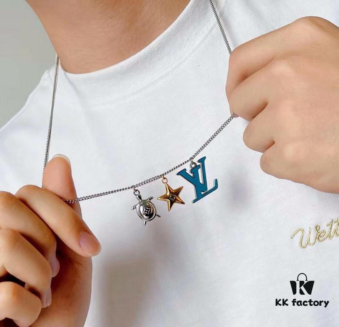 Original Order Level LV New Enamel Turtle Necklace, Authentic Logo LV Necklace for Men, Multi-Pendant Blue LV Letter Necklace 8755095
