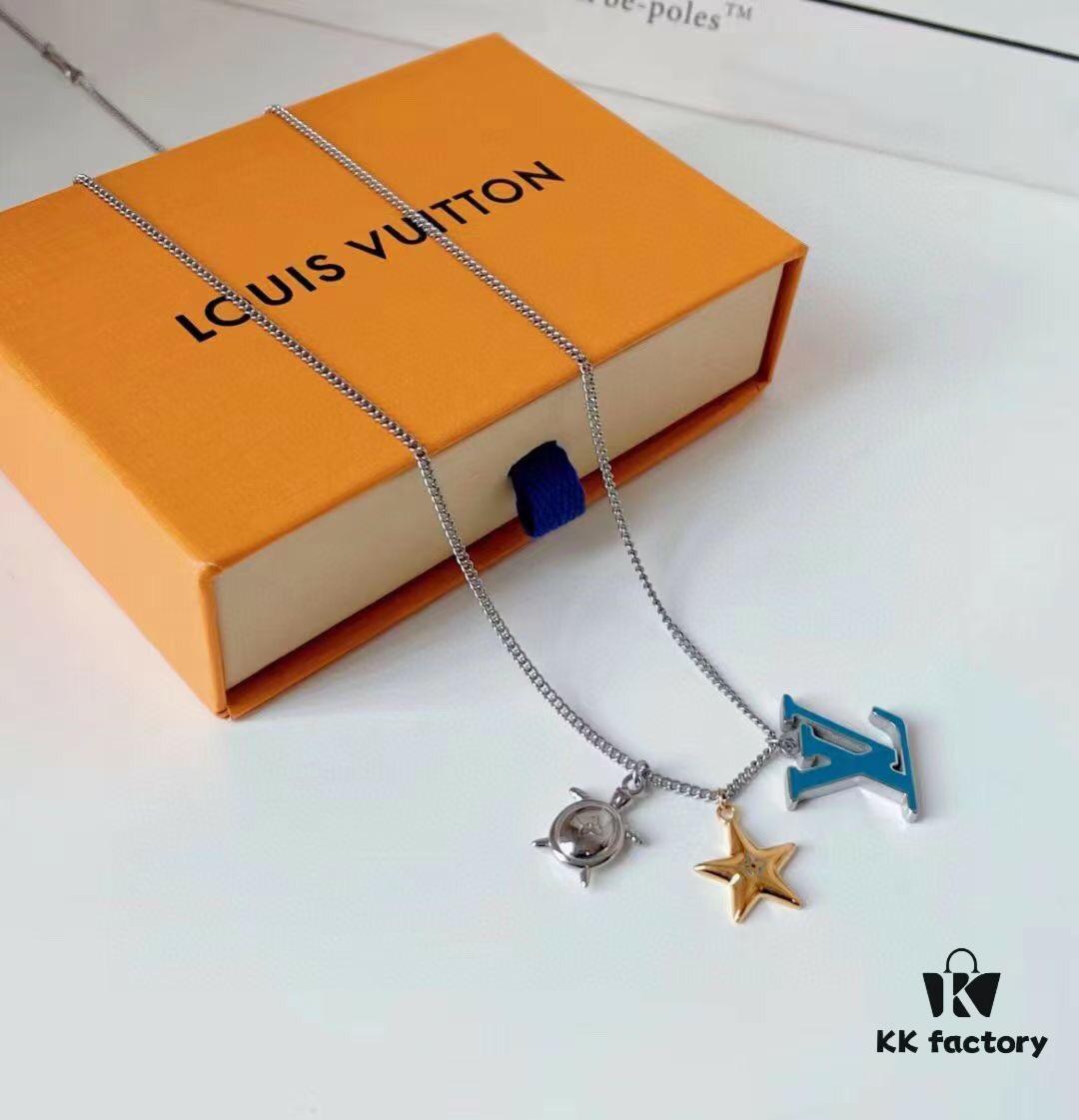 Original Order Level LV New Enamel Turtle Necklace, Authentic Logo LV Necklace for Men, Multi-Pendant Blue LV Letter Necklace 8755095