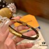LV Latest Pure LV Double-Circle Metal-Combined Monogram Leather Bracelet for Women