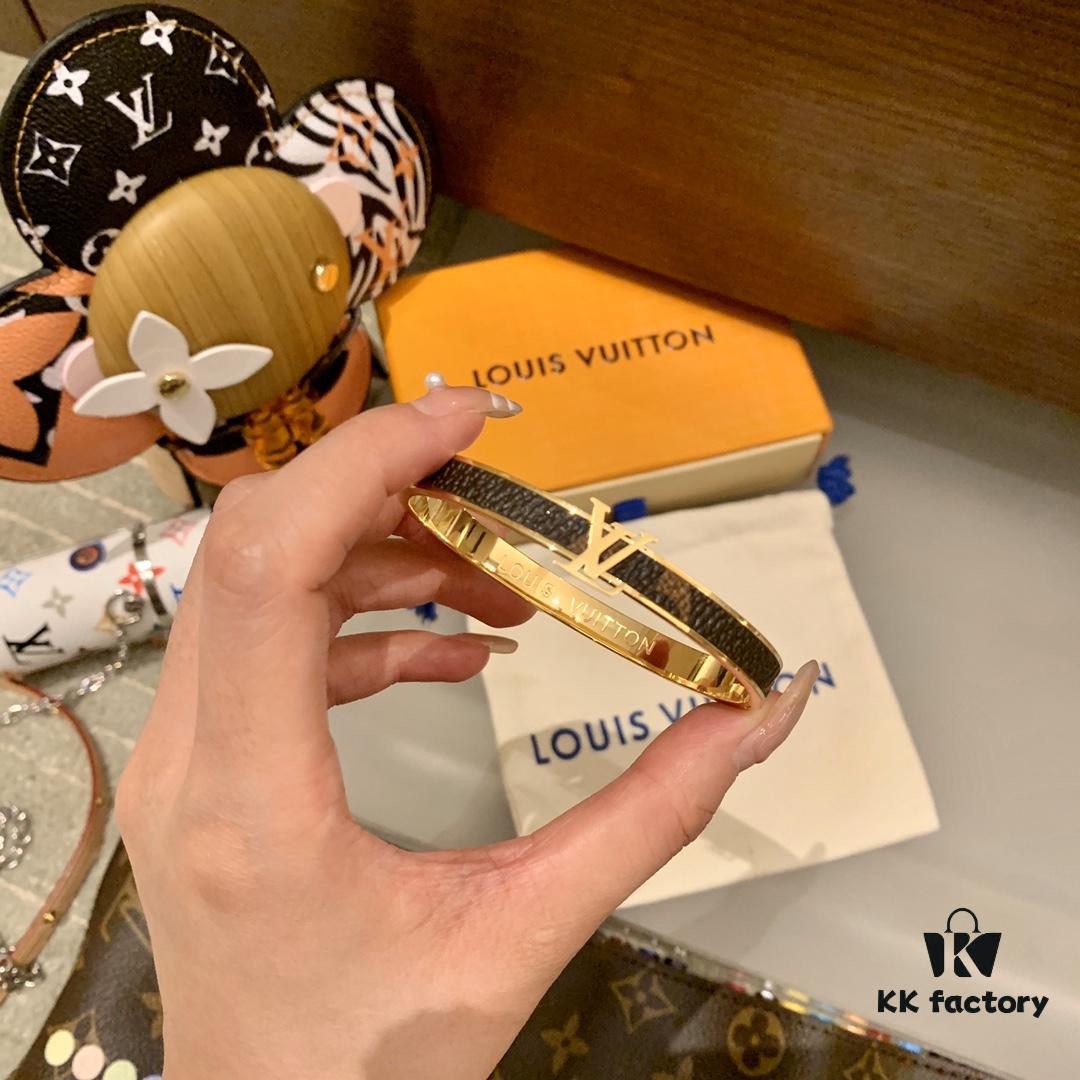 LV Monogram Canvas Leather and Calfskin Inlaid Bangle Bracelet