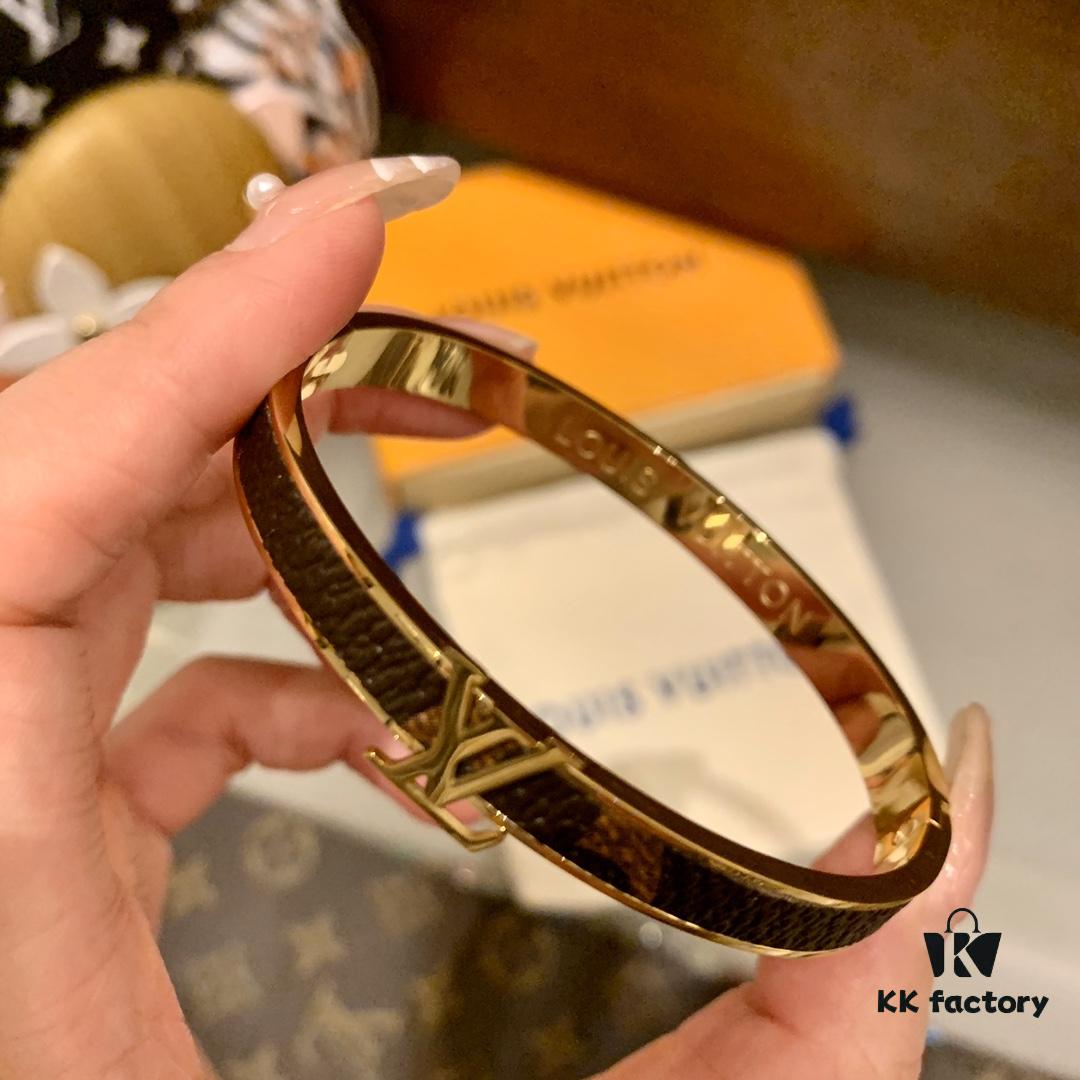 LV Monogram Canvas Leather and Calfskin Inlaid Bangle Bracelet