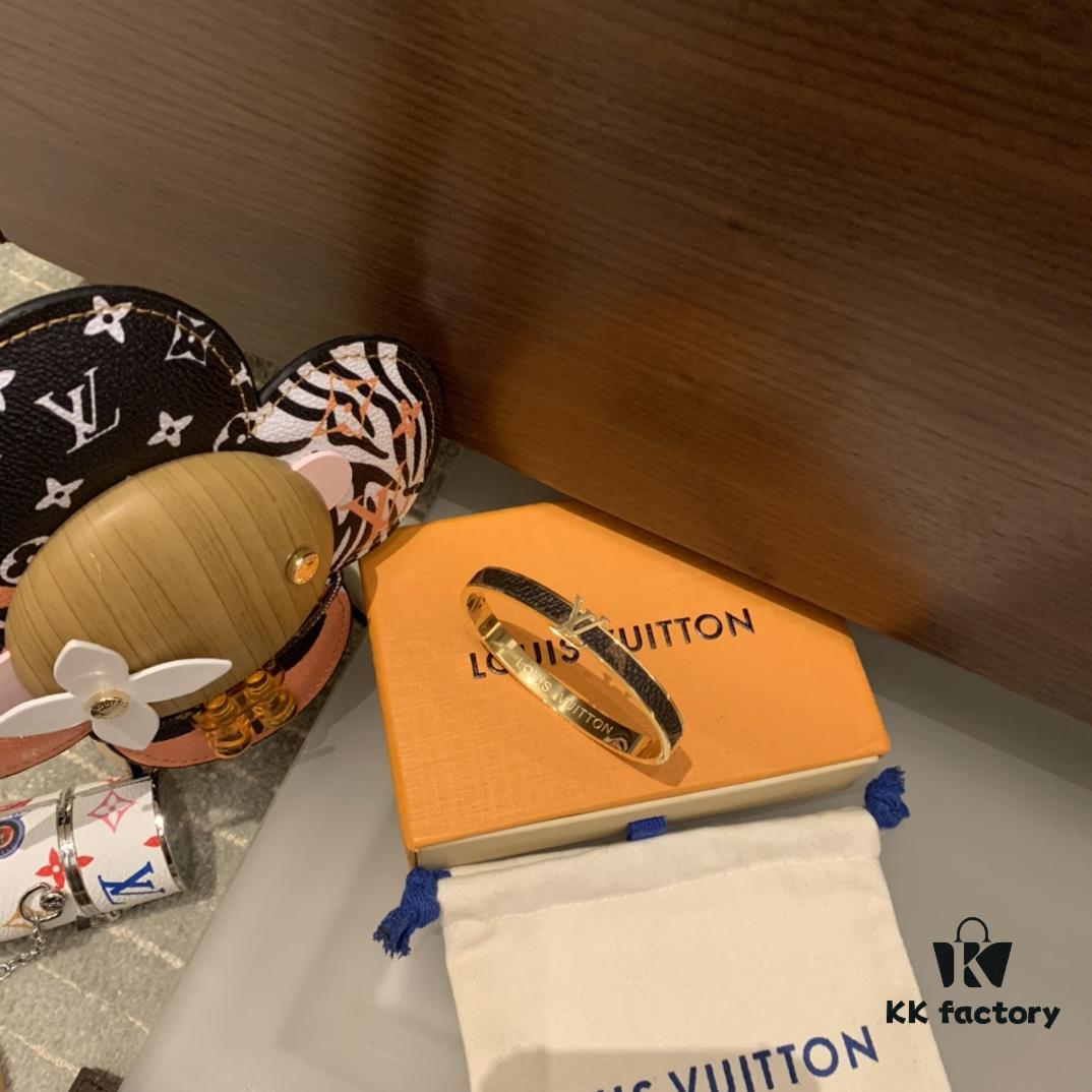 LV Monogram Canvas Leather and Calfskin Inlaid Bangle Bracelet