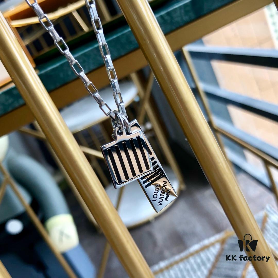 LV New Damier Black Necklace for Men, Elegant Gift Choice with Black Enamel and Palladium Finish